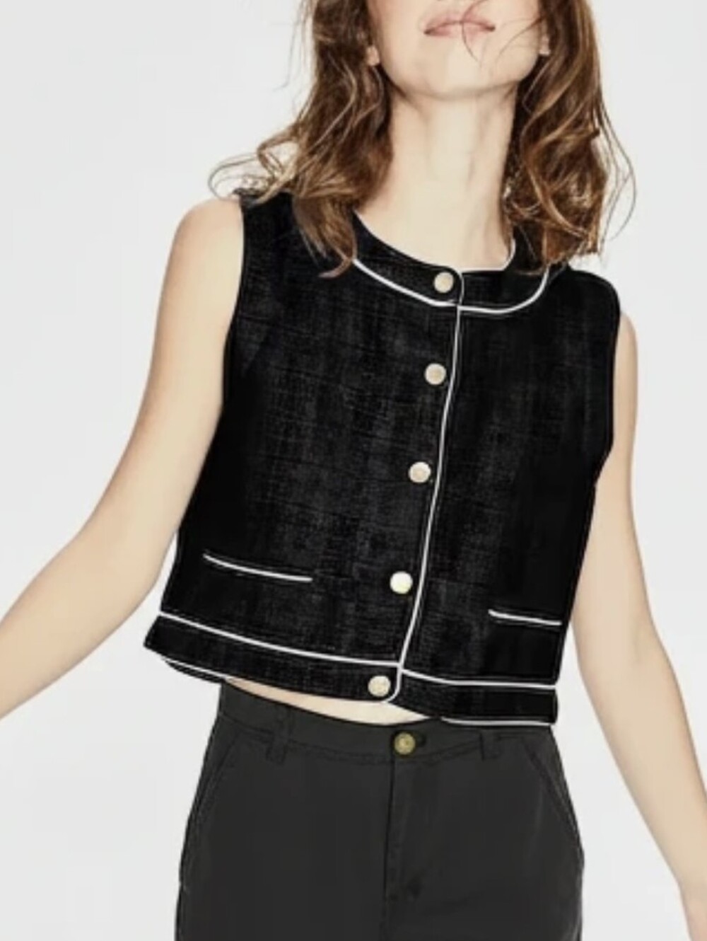 Rachel Zoe Black Crop Vest featuring contrast white piping & pearl buttons NWT